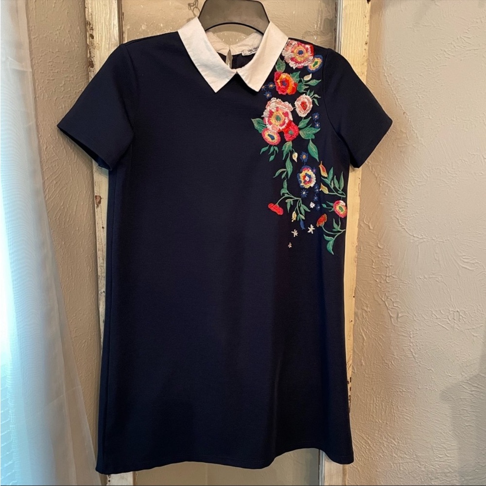 Zara Trafaluc Textured Navy Embroidered Dress Size Small